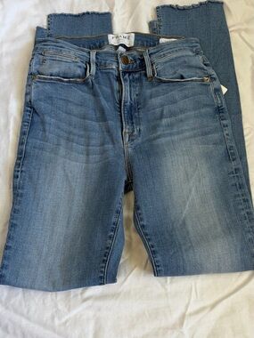 FRAME Le High Straight Jeans Kirkside Blue Raw Chew Hem Stretch Denim 27